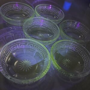 Uranium Glass 6 Antique Heisey Greek Key 4 1/2 in. Dessert Bowls 1920-30’s